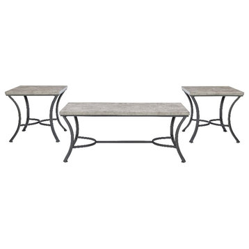 Linon Gina 3Pc Steel Occasional Table Set Faux Concrete Top in Coal Finish