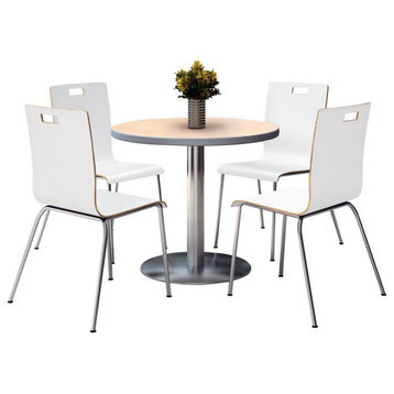 KFI Round 42" Pedestal Table - 4 White Stacking Chairs - Natural Top