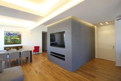 Mid-sized contemporary formal enclosed living room in Catania-Palermo with grey walls, light hardwood floors, a corner fireplace, a plaster fireplace surround, a wall-mounted tv and brown floor.
