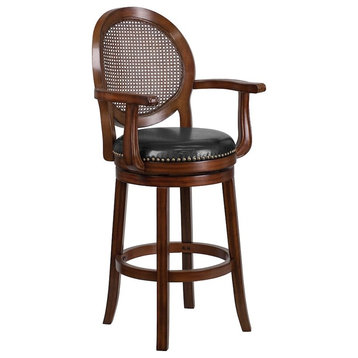 Flash 30'' High ES Wood Barstool/Arms, Woven Rattan & BK LeatherSoft Swivel Seat