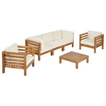 Emma Outdoor 5 Seater Acacia Wood Sofa Chat Set, Beige