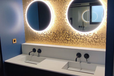 Example of a mid-sized trendy master white tile and limestone tile light wood floor and double-sink bathroom design in Rennes with beaded inset cabinets, black cabinets, blue walls, an undermount sink, quartz countertops, white countertops and a built-in vanity