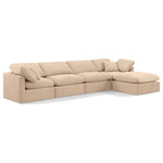 Meridian Furniture - Indulge Upholstered Modular L-Shaped Sectional, Beige, 5-Piece: 2 Armless Chair, 2 Corner Chair, 1 Ottoman, Down Stuffed Velvet - Experience ultimate comfort and style with our beige velvet Indulge Sectional. The luxurious velvet will elevate the aesthetic of any room. This sofa provides ample space for you to relax while its modular build offers the option of unlimited configurations. Whether you're looking to add a stylish element to your living room or a comfortable seating option to your bedroom, this sofa is the perfect choice.