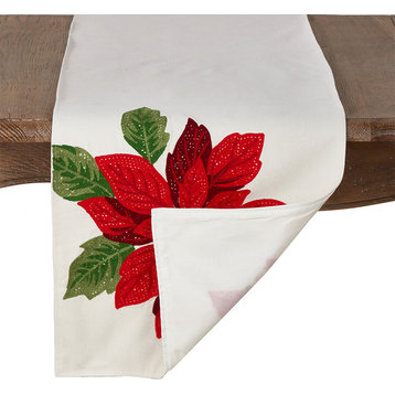 Holiday Embroidered Poinsettia Table Runner, 16"X72" Rectangular