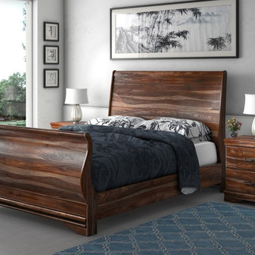 Sleigh Back Solid Wood 3pc Platform Bed Frame w 2 Nightstands
