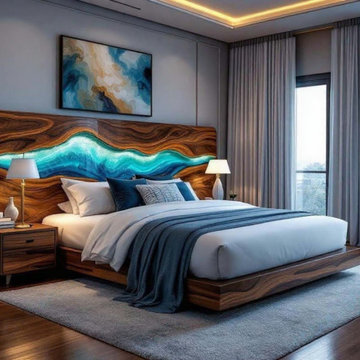 Blue River Epoxy Resin Headboard: Custom King/Queen Size Wood Bed Accent