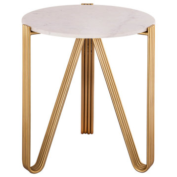 White Marble End Table, Round Gold Side Table, Modern Glam Regency Accent Table
