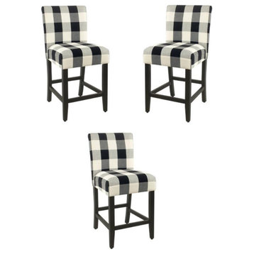 Home Square 24" Fabric Plaid Pattern Parsons Counter Stool in Black - Set of 3