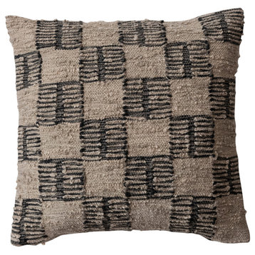 Hand-Woven Fabric Indoor/Outdoor Pillow With Checkered Pattern, Brown and Tan