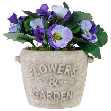 6" Purple and Blue Pansy Artificial Floral Arrangement, "Flowers and Garden" Pot