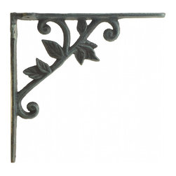 Import Wholesales - Decorative Cast Iron Wall Shelf Bracket, Vine And Leaf, Verdigris, 8.375" Deep - Brackets