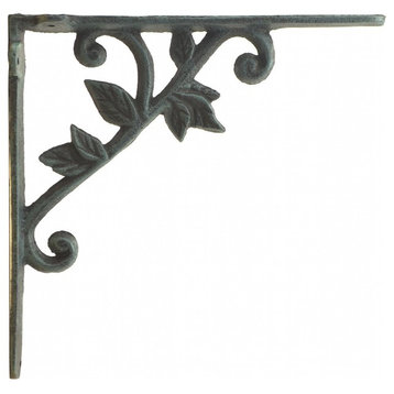 Decorative Cast Iron Wall Shelf Bracket, Vine And Leaf, Verdigris, 8.375" Deep