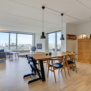 オールボーの広いモダンスタイルのLDKの画像 (白い壁、ラミネートの床)