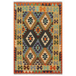 Bareens Designer Rugs - Tribal Turkish Kilim Elden Hand-Woven Wool Rug - 3'2'' x 4'7'' - Elevate the elegance of your home with this stunning hand-woven tribal Kilim wool rug. Meticulously crafted on a loom by the Nomad Turkman people using hand-spun wool and 100% natural vegetable dyes, these rugs are recognized for their repetitive geometric patterns, incorporating naturalistic floral and traditional designs. The contemporary fashion palette results in bold, sharp patterns that are incredibly versatile, as the pattern is the same on both sides. These reversible rugs feature a lighter shade on one side and brighter colors on the other, providing versatility according to preference. These unique rugs are made by knotting short strands of different colors onto the warps and securing them by tightly pressing the wefts. The designs are created by interweaving the various colored wefts and warps. Kilims are known for their exceptional durability and versatility, making them truly unique rugs.  Product Details    Rug Size: 3'2'' x 4'7''  Material: 100% Wool  Style: Kilim, Flat Weave, Dhurrie, Turkish, Southwestern, Rustic, Tribal  Colors: Rust, Gold  Weave Type: Hand-Woven, Handmade  Pile Height: Less than 0.25 inch
