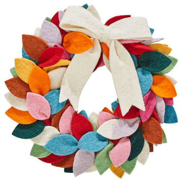 Multicolored wreath with cream bow on top made of hand felted wool-12"