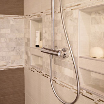 NormandyBrown and cream tile shower with Mother of Pearl accent tiles