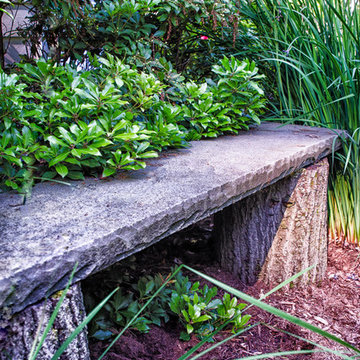 Slab Bluestone bench, we hand chiseled the edge for a more natural snapped stone