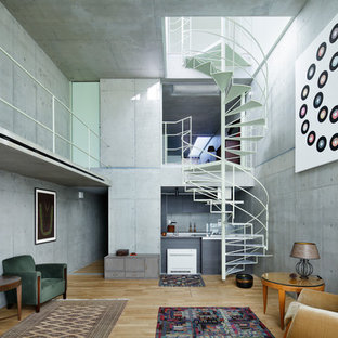 東京23区のインダストリアルスタイルのおしゃれなLDK (グレーの壁、淡色無垢フローリング、テレビなし、ベージュの床) の写真