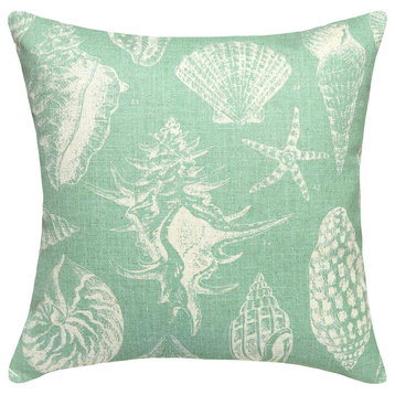 Seashells Printed Linen Pillow With Feather-Down Insert, Aqua