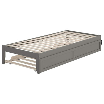 Traditional Twin Platform Bed With Trundle, Wooden Frame and Slat Support, Grey