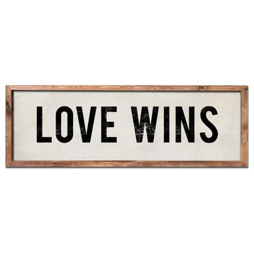 Hand Painted Wood Love Wins Sign, 12x36, Brown Frame