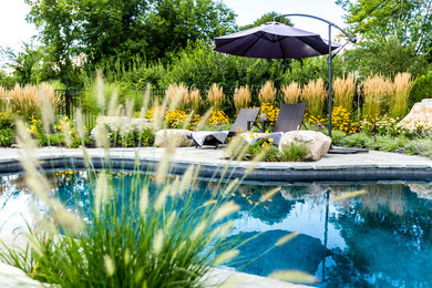 Example of a mid-sized mountain style backyard stone and kidney-shaped pool design in Boston