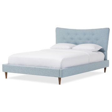 Hannah Mid-Century Modern Linen Platform Bed, Light Blue, King