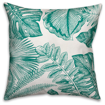 Teal and White Palm Fronds Outdoor Throw Pillow, 18x18