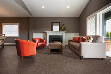 Living room - mid-sized contemporary formal and open concept carpeted living room idea in Other with gray walls, a standard fireplace, a wood fireplace surround and no tv