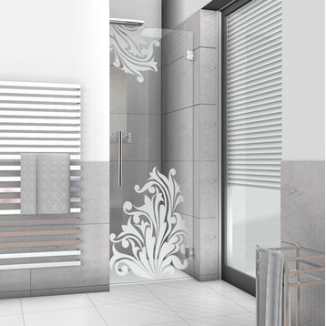 Hinged Alcobe Shower Door With Floral Design, Non-Private, 28"x70" Inches, Right