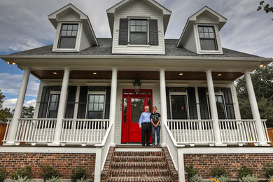 Mid-sized victorian white two-story mixed siding exterior home idea in Houston