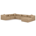 Meridian Furniture - Cube Upholstered Modular Sectional, Tan, 7-Piece: 3 Armless Chair, 3 Corner Chair, 1 Ottoman, Vegan Leather - Elevate your space with the luxurious Cube Vegan Leather Modular Sectional. This modular sectional exudes modern elegance, charm, and comfort making it a perfect addition to any contemporary living space. Its clean lines and cube shape are reminiscent of minimalist design, while the plush tan vegan leather upholstery adds a touch of luxury and sophistication. The chair's versatile construction and geometric aesthetic seamlessly integrate into various design styles, from sleek living rooms to chic home offices, embodying the essence of modern design and creating a sense of order and tranquility in your space.