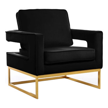 Contemporary Velvet Upholstered Chair with Stainless Steel Base in Rich Gold Finish 49 W x 34 D x 28 H Black Meridian Furniture Julian Collection Modern
