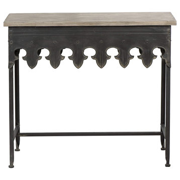 Side Table, Scrollwork Metal Frame With Scalloped Top, Distressed Dark Grey