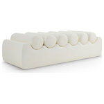 Meridian Furniture - Rumble Upholstered Bench, Cream, 56" W x 22" D x 16.5" H, Vegan Leather - Discover the Rumble cream vegan leather bench, featuring a sleek, soft feel that adds a touch of contemporary elegance to any room. This stylish bench offers six removable bolster pillow seats for enhanced comfort and versatility. Its modern design seamlessly blends with various decor styles, making it a versatile choice for your entryway, living room, or bedroom.