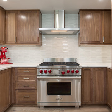 Transitional Open Kitchen with Natural Walnut Cabinetry