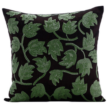 Brown Art Silk 18"x18" Green Sequins Leaf Pillows Cover, Tulip Tropicava