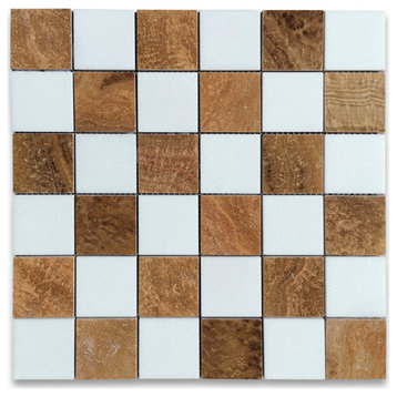 Thassos White Yellow Woodgrain Marble Checkerboard Mosaic Tile Honed, 1 sheet