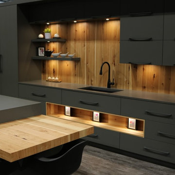 Ultra Matte Grey Lacquered Cabinets with Hickory Accents