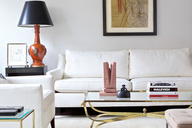 Small eclectic formal and enclosed carpeted living room photo in New York with white walls, no fireplace and no tv
