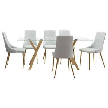 7-Piece Dining Set, Aged Gold Table With Light Gray Chair