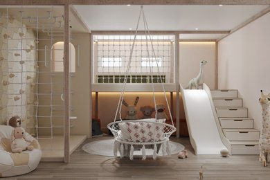 Imagen de dormitorio infantil de 4 a 10 años de tamaño medio con paredes beige, suelo laminado y suelo marrón