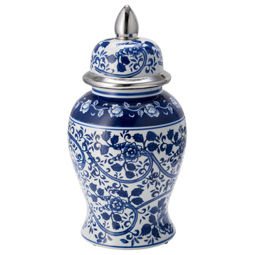 Ec Ceramic 14"Blue/White Temple Jar, Silver