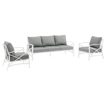 Kaplan 3-Piece Outdoor Sofa Set, Gray/White Sofa and 2 Arm Chairs