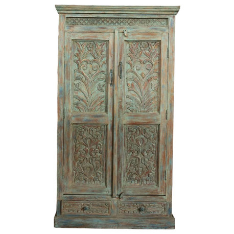 Consigned Antique Armoire Brass Studs Blue Carved Floral Wardrobe Cabinet 72