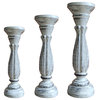 Wooden Candle Holder with Pillar Base Support, Distressed White, Set of 3