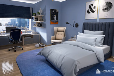 Diseño de dormitorio infantil actual de tamaño medio con paredes azules, suelo laminado y suelo beige