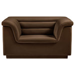 Meridian Furniture - Cascade Upholstered Set, Brown, Velvet, Chair - Add instant modern pizzazz to your living room or den with this Cascade velvet fabric chair. Upholstered from top to bottom in soft brown velvet upholstery, this chic chair adds contemporary flair to any space you choose to use it in. Curved arms and a sleek profile make this chair beautiful to behold while deep channel tufting adds to its long-term durability and adds a textural feel. Thickly padded arms, back and seat make this chair perfect for curling up in while watching TV or reading the latest bestseller.