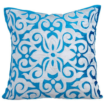 Applique 14"x14" Velvet Turquoise Throw Pillows Cover, Moroccan Tile