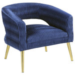 Acme Furniture - Aistil Accent Chair, Blue Velvet and Gold Finish - Fill your empty corner with tempting textures and stylish elements. Four splayed legs in a gold finish give the chair a gorgeous glam look. The barrel style backrest provides you a comfortable support and a soft velvet covers all possible contact area. Use this alluring statement piece to complete your room decor. Offering both comfort and style, this chair is an excellent choice for any space.